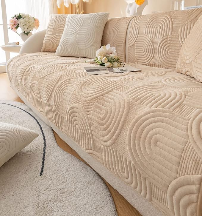 Soft Plush Geometric Quilted Couch Sofa Cover Boho Non Slip Fuzzy Sectional Couch Cover Solid Color Washable Sofa Slipcover Furniture Protector for Kids Dogs Cats (Coffee,43"x63")