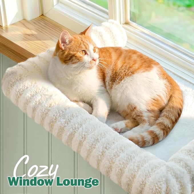 Zakkart Mellow Cat Perch for Windowsill with Hardwood Frame (Beige, L) | Hook-On Windowsill Mount, Zipper Removable Bed, Open-front View, Machine Washable, Support up to 40 lbs., 24"W x 15.5"D