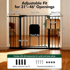 31-46“ Metal Pet Gate with Cat Door, Auto Close, Black | Pressure Mounted,Two-way swing door,Pressure mounted no drill setup,adjustable 31-46in width for indoor doorways & stairs