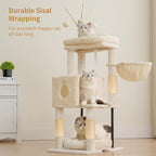 Heybly Cat Tree, 45.3" Cat Tower for Indoor Cats with Large Perch HCT202SM | All-in-One Cat Furniture with Cozy Bed, Hidden Space Cat Condo, Comfy Hammock, Scratching Posts & 3 Pompoms, Beige