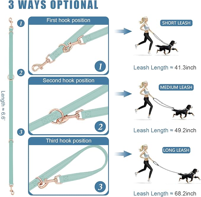 Soft Leather Dog Collar and Leash (6.6') Set - Stylish Rose Gold Heavy Duty Metal Buckle, 4 Adjustable Lengths Leash for Small Medium Large Dogs - Comfortable & Easy to Clean Mint Green XS(8"-12")