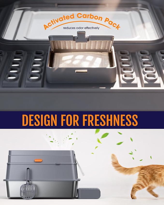 Powools Stainless Steel Enclosed Cat Litter Box, Elevated Step Box, Grey | 17.1 x 13.2 x 15.0 in, Metal Cat Litter Box with Lid, Litter Scoop, Activated-Carbon Pack, Non-Sticky, Easy to Clean