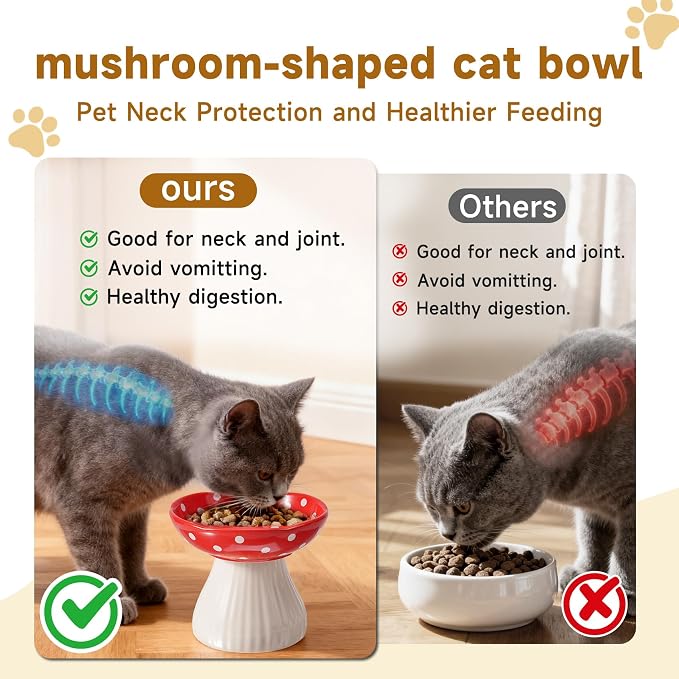 Mushroom Cat Bowl-Whisker Fatigue Cat Bowl,Cute Cat Bowls,Elevated Cat Food Bowl, Lead & Cadmium Free Ceramic Cat Bowls for Food and Water.(Red)