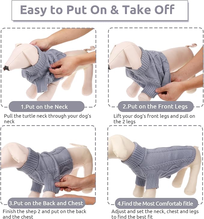 Queenmore Small Dog Pullover Sweater, Cold Weather Cable Knitwear, Classic Turtleneck Thick Warm Clothes for Chihuahua, Bulldog, Dachshund, Pug, Yorkie (Grey, X-Large)