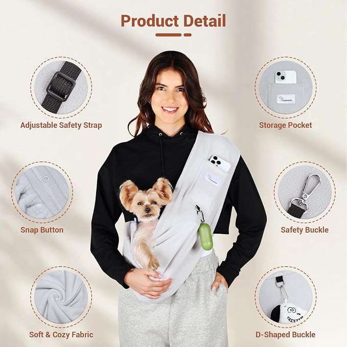 Cat Sling Carrier, Hands-Free Pet Sling for Small Dogs & Cats | Ultra-soft polar fleece, machine washable, fits 3-14 lbs, Perfect for indoor snuggling & outdoor walks, Large, Grey
