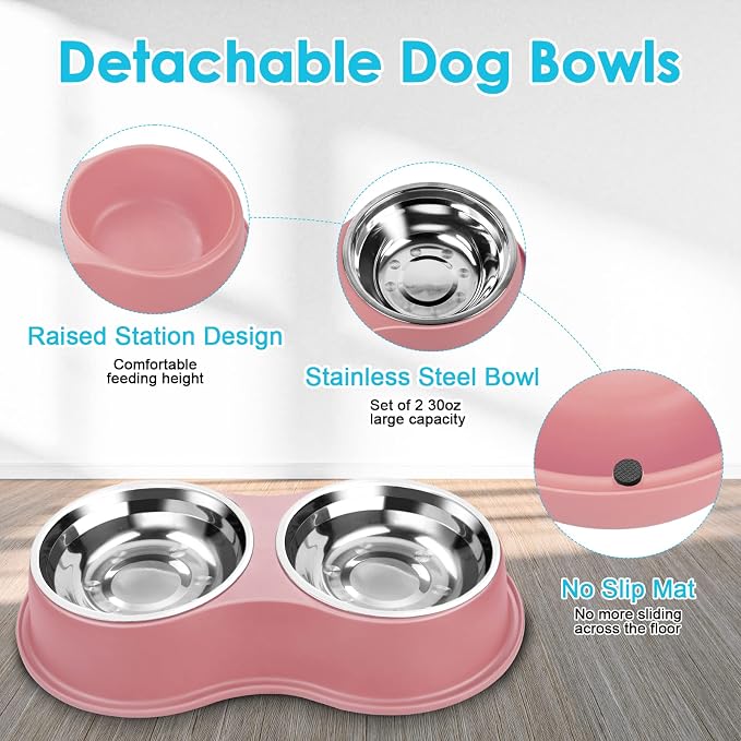 Epetslove Stainless Steel Dog Bowls Double Non-Slip Dog Water and Food Bowl | Pet Feeder Bowls, Dog Dishes, Raised Feeding Design, Double Bowls Set, For Puppies, Medium Dogs and Cats, Outdoor / Indoor