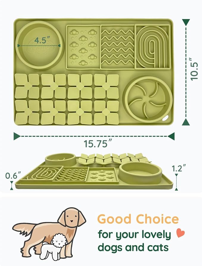 Slow Feeder Bowl for Dogs and Cats, Silicone Lick Mat & Snuffle Mat with Suction Cups - Interactive Puzzle Feeder, Slow Eating, Keep Busy and Reduce Vomiting (15.75" x 10.5" Green)
