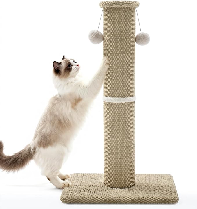 Made4Pets Tall Cat Scratching Post, 33" Modern Cat Scratcher with Hanging Balls, Heavy Duty and Thicker Scratching Post for Indoor Cats Adults, Sturdy Base Cat Scratch Post, Beige