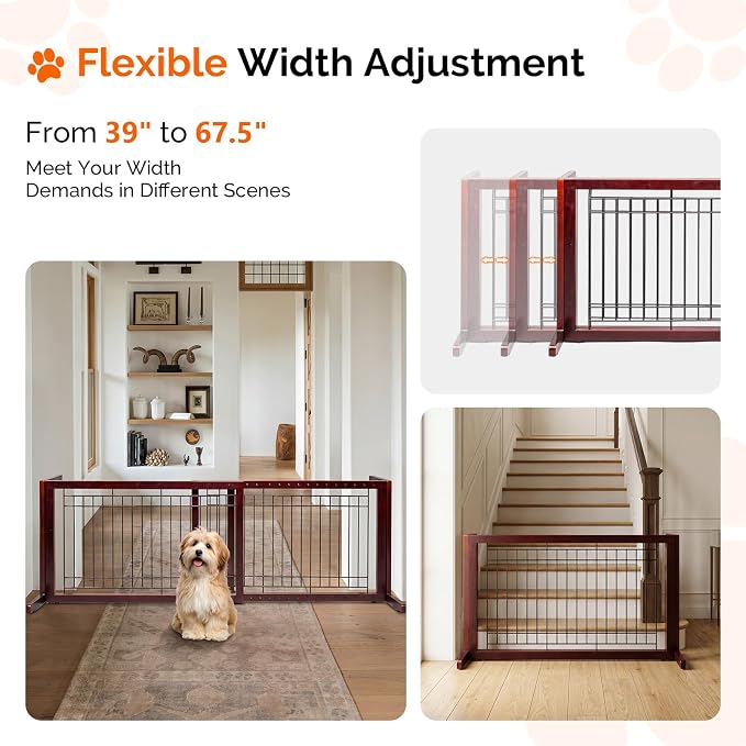 Bonnlo Free Standing Dog Gate, 37" - 68" Wide Pet Gate for Fireplace Stairs Doorways, Wooden Adjustable Pet Fence Indoor, Christmas Tree Gate (Cherry)