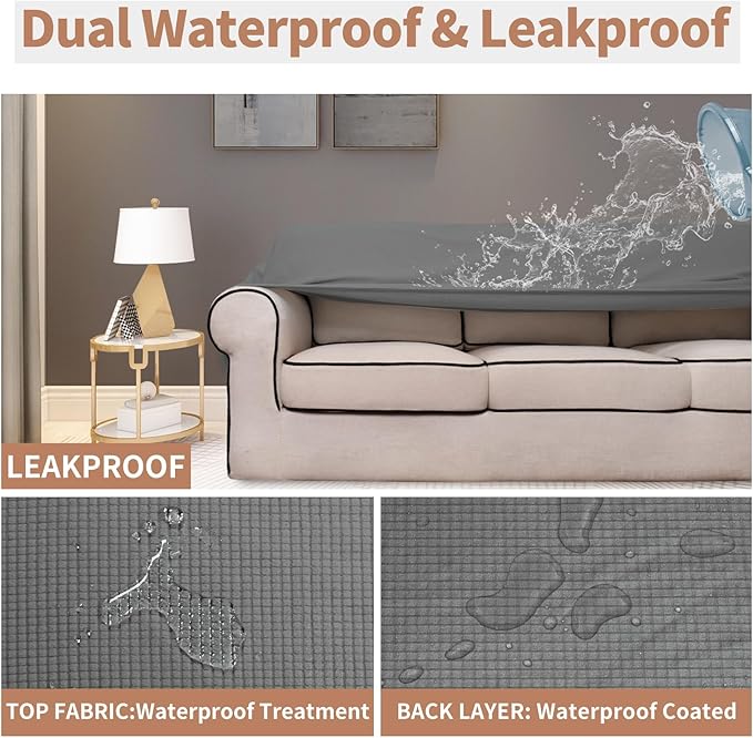 Easy-Going 100% Waterproof Oversized Chair Couch Cover, Stretch Sofa Cover | Dual Waterproof Sofa Slipcover, Leakproof Furniture Protector Against Stain Spill from Kids, Pets, Dog, Grey