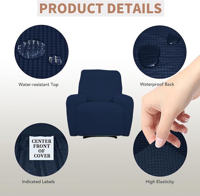 Easy-Going 100% Waterproof Recliner Chair Cover，1-Piece Recliner Slipcover | Dual Waterproof Couch Cover for Recliner，Leakproof Furniture Protector for Kids Pets Dog Cat Daily Stain, Dark Blue