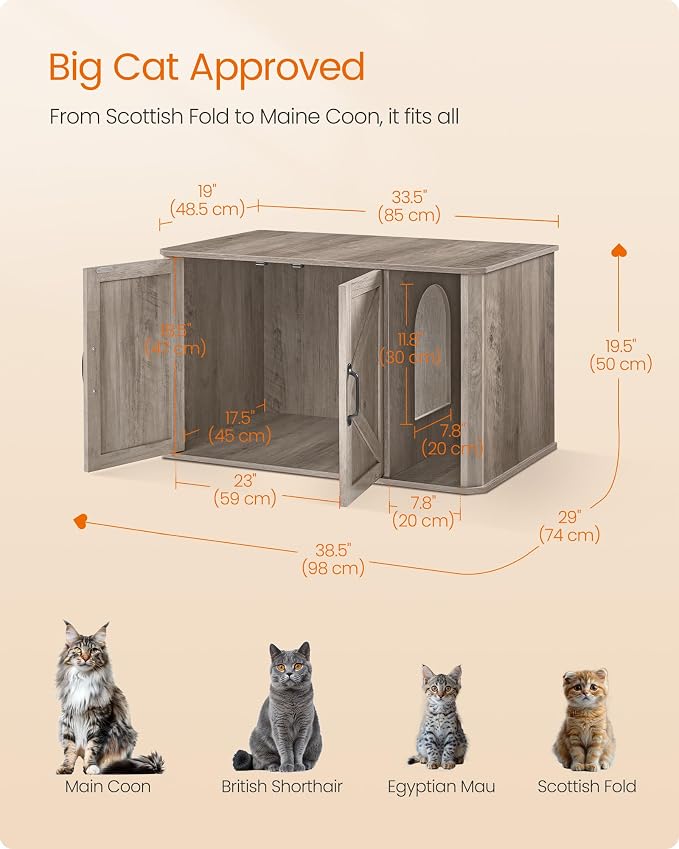 Feandrea Litter Box Enclosure, Modern Cat Litter Box Furniture Hidden, Front Entry, Double Doors, Handles, Cat House, Side End Table, 33.5 x 19 x 19.5 Inches, Heather Greige UPCL012G01