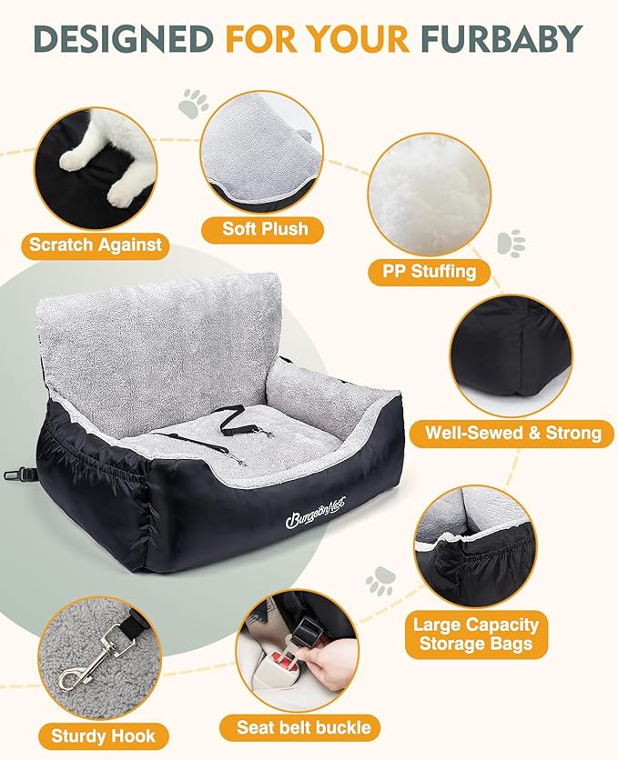 BurgeonNest Dog Car Seat for Small Dogs & Cats Under 55 lbs,Black