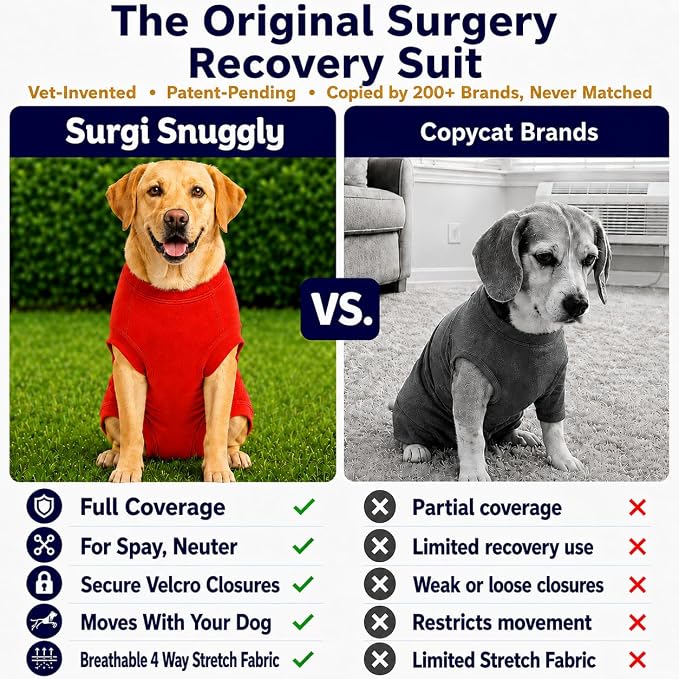 SurgiSnuggly Veterinary Invented Dog Surgical Recovery Suit for Female Spay or Male Dogs Neuters Onesie,Cone Alternative, Original Onesie Bodysuit for After Surgery Small, Medium, Large Dogs XLL Red