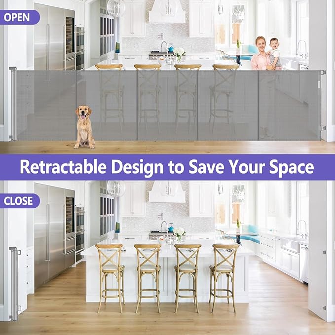 Reinforced 42" Tall Pet Gate x 96" Long Baby Gate, Prevents Crawling Under | Indoor/Outdoor Tall Retractable Gate, Space-Saving, One-Hand Operation Safety Lock, Scratch-Resistant Mesh, Easy Install/Gray