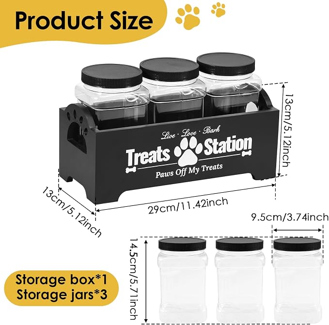 Dog Treat Container, Dog Food Storage Container with 3 Plastic Treat Jars, Wood Countertop Dog Treat Holder, Reusable Dog Treat Storage Organizer, Pet Food Container for Dogs Cats (black)