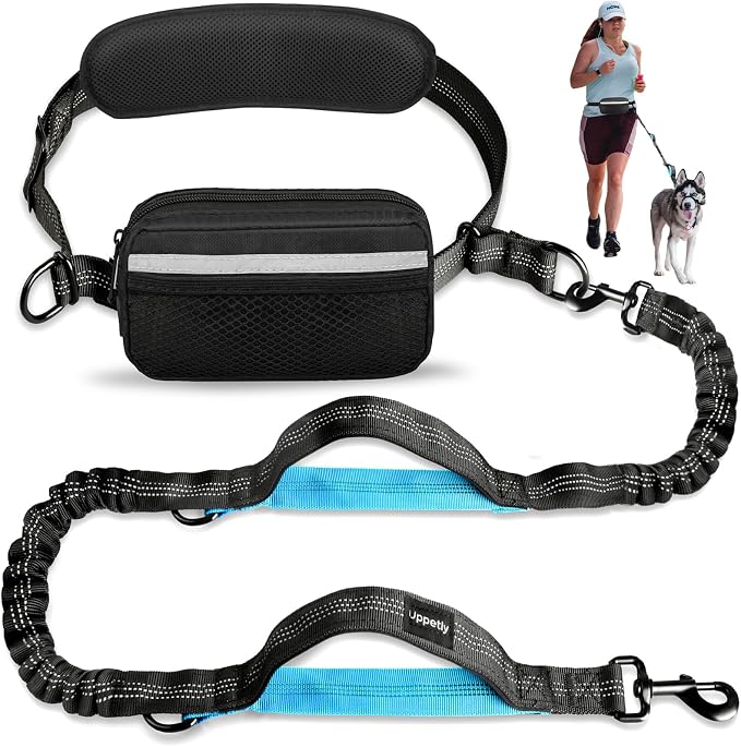 Uppetly Hands Free Dog Running Leash with Adjustable Waist Belt, Dual Handle Elastic Bungees Retractable Rope for Small and Medium Dogs, Reflective Stitches for Walking Hiking Biking (Medium, 8-25lb)