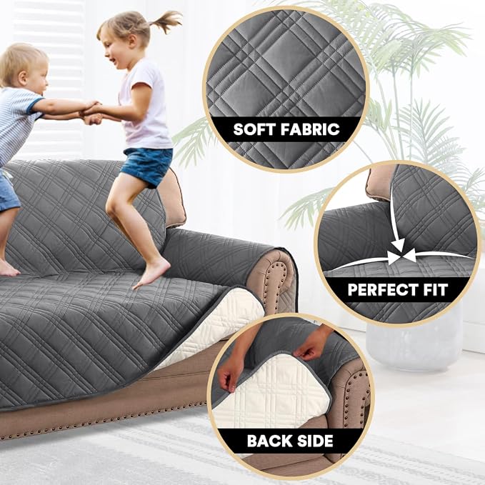 100% Waterproof Loveseat Covers for 2 Cushion Couch Sofa Covers Waterproof and Washable Sofa Slipcover with Side Pocket Furniture Protector with Elastic Straps(Loveseat 48", Grey)