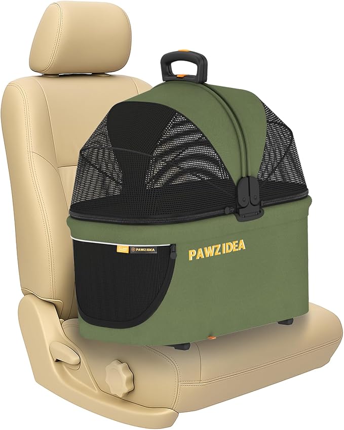 PAWZIDEA Portable Small Dog Crate for Car Travel up 33lbs, Enclosed Dog Car Seat Soft-Sided, Escape-Proof Reversible No-Zip Canopy, Foldable Pet Carrier Seatbelt for Small Medium Puppies & Cats Kennel