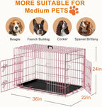 FDW Dog Crate 36inch Dog Cage Foldable Metal Kennel with Leakproof Tray Foldable Design Indoor Outdoor Use for Medium Dogs,Pink