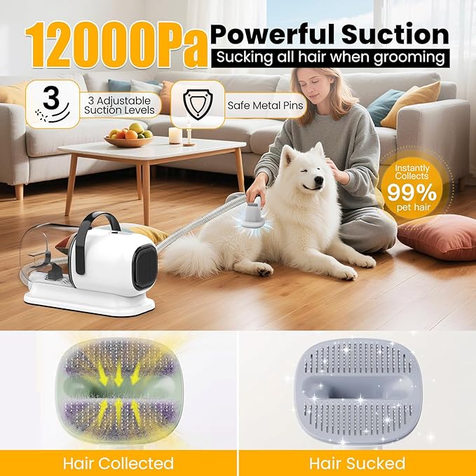 FIXR Dog Grooming Vacuum, All-in-One Pet Grooming Kit with Hair Clipper & Shedding Brush, Low Noise 12,000Pa Dog Hair Remover Vacuum, Pet Groomer Set with Cleaning Brushes, PG01