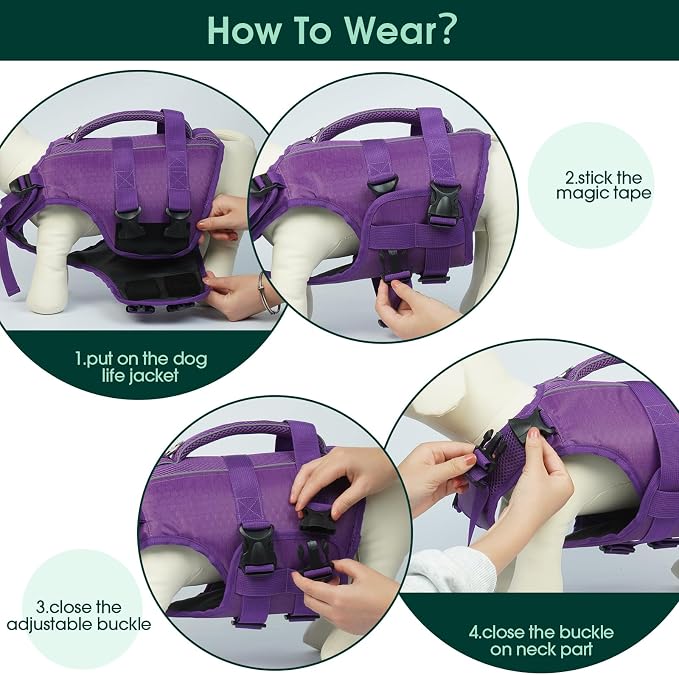 Kuoser Dog Life Jacket, High Flotation Reflective Dog Life Vest, Purple, XL | Adjustable Dog Lifejackets for Small Medium Large Dogs, Lifevest with Rescue Handle for Swimming, Boating, Lake, Beach & Pool