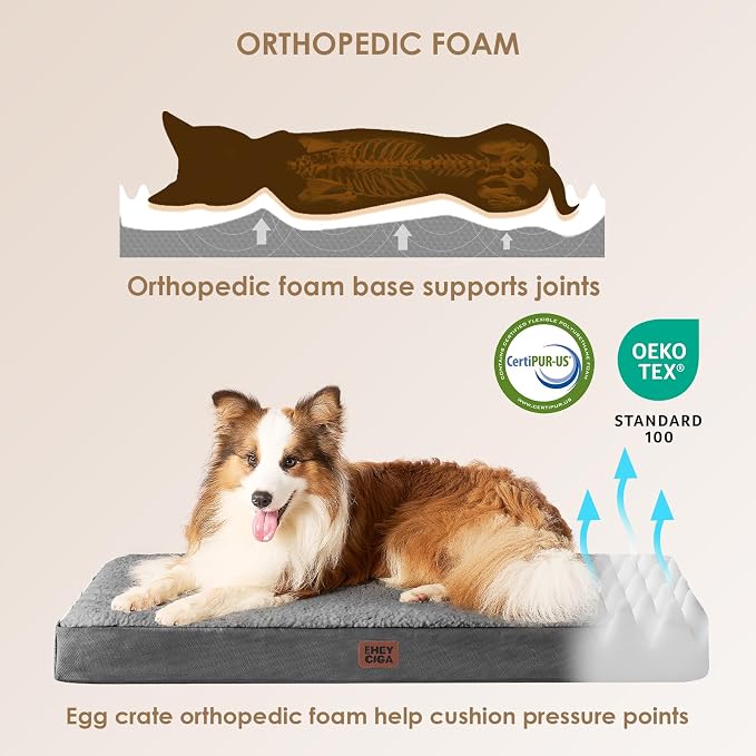 EHEYCIGA Orthopedic Dog Bed Large with Removable Washable Cover,Grey,47x29 | Egg Crate Foam Support,Durable Oxford fabric,Non-Slip Bottom,Machine Washable,Soft Waterproof Plush Pet Bed Mat For Crate