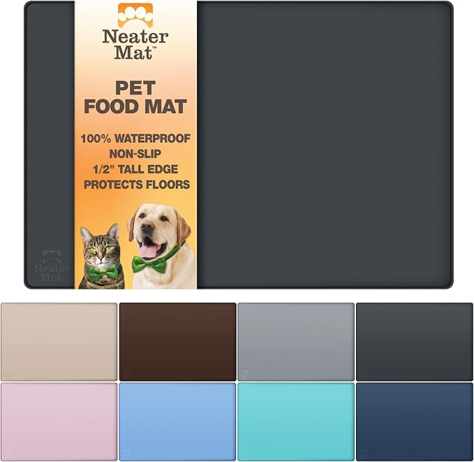 Neater Pet Brands Neater Mat Cat & Dog Food Mat, Waterproof & BPA-Free Silicone Placemat with Raised Edge for Under Food and Water Bowls, 16" x 10", Midnight Black
