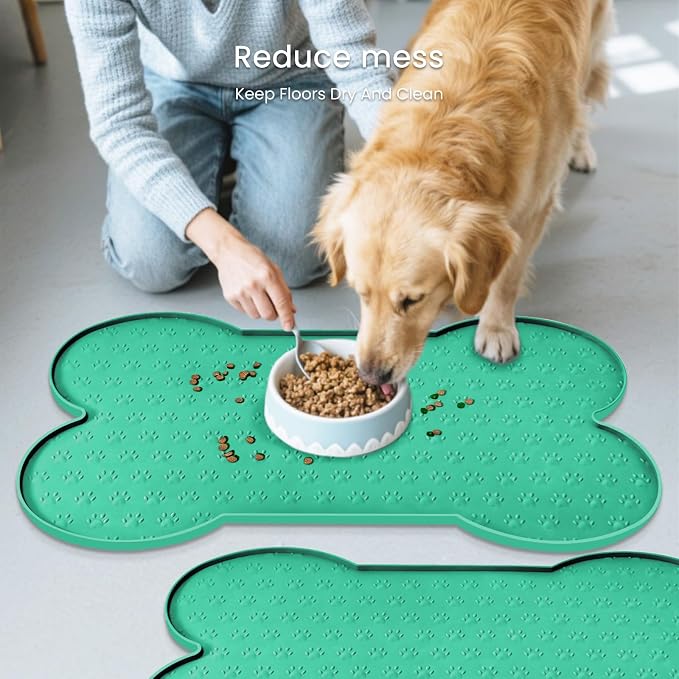 PWTAA Dog Food Mat Anti-Slip Silicone Dog Bowl Mat Thicker Pet Placemat Waterproof Cat Feeder Pad with Raised Edge Puppy Kitten Feeding Mats Suitable Small Medium-Sized Dogs Cats Eating Tray - 2PCS