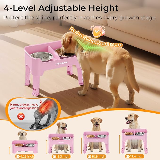 URPOWER Mess Proof Elevated Dog Bowls, Splash Guard Raised Bowl Stand | 4 Height Adjustable Raised Stand with 2 Stainless Steel Food Bowls & Licking Plate for Small, Medium & Large Dogs