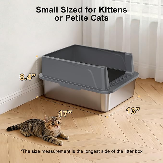 FURTIME Stainless Steel Cat Litter Box, Small Cats Metal Litter Box | High-Sided Open-Top Easy-Clean Litter Pan, Non-Stick, Anti-Leakage, Odor-Free, Comes with Scoop & Mat, 17"×13"×8.4"