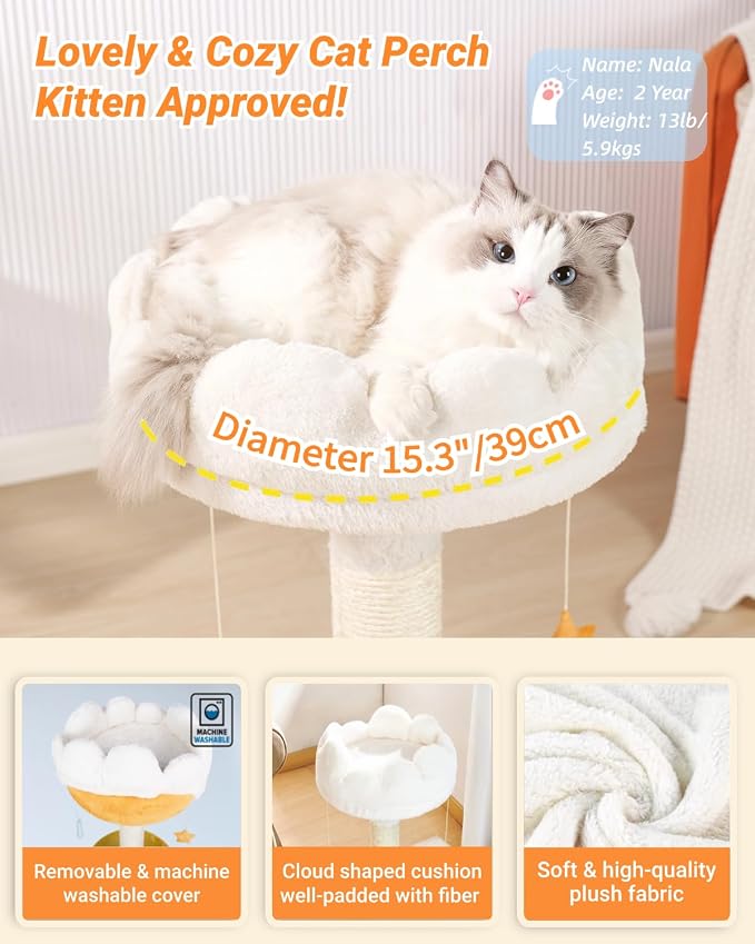 Happi N Pets Tall Cat Scratching Post with Large Bed, Thick Posts with Toys | 28" Tall For Large Cats, Easy To Clean, Cloud-Shaped Soft Perch, Removeable Cover, Stable Cat Stand, Bonus Catnip