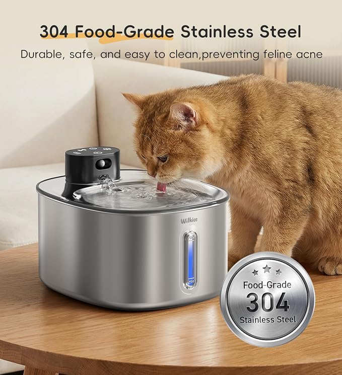 Stainless Steel Cat Water Fountain, 152fl.oz / 4.5L Cordless Cat Fountain | Wireless Pet Fountain; 5000mAh Battery; Indoor; Triple Water Modes; 25 dB Ultra-Quiet