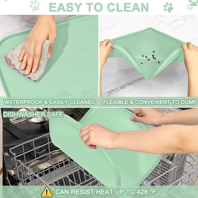SMILOOL Silicone Pet Food Mat with Raised Edge for Food and Water Bowl, Dog Feeding Mats, Cat Food Trays for Floor Waterproof, Rubber Tray for Dogs and Cats, 19 x 12 x 0.7 Mint Green