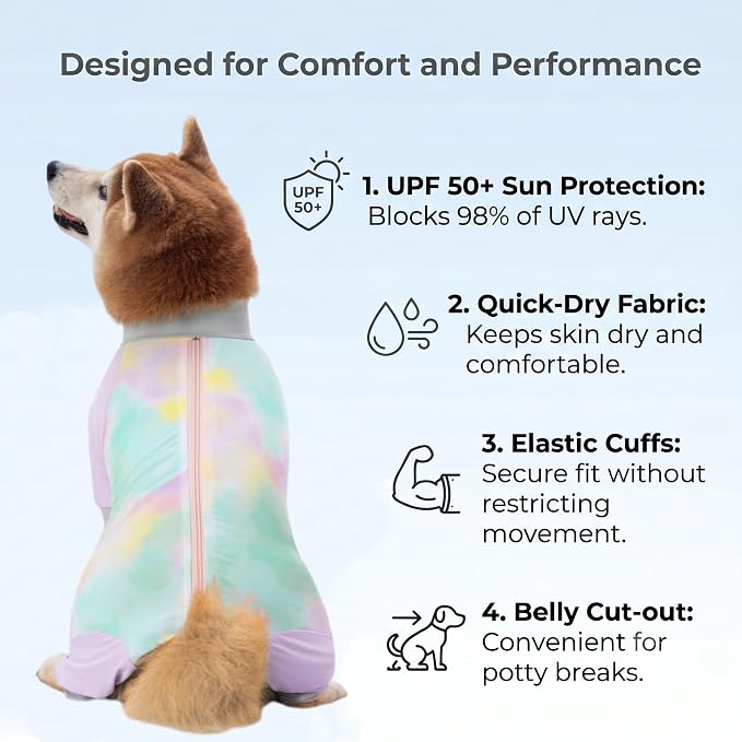 Dog Cooling Sun Protection Suit, Outdoor Fashion Onesie, UPF 50+ Lightweight Breathable Quick-Dry, Anti-Dirt & Anti-Shedding, Zipper Design for Easy Dressing Undressing (Lavender, Medium)
