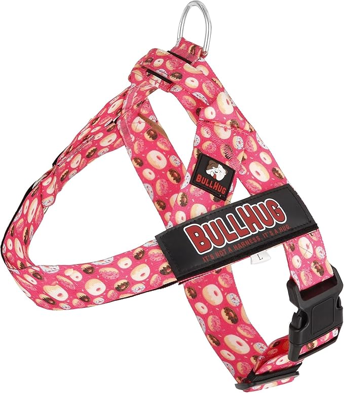 BULLHUG Adjustable Dog Harness– No Pull, No Choke – for English Bulldogs, French Bulldogs, Pugs & Broad-Chested Breeds – Easy, Safe Walks (Donuts, Large)