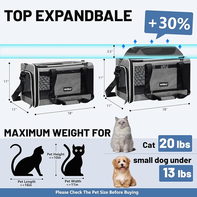 Cat Carrier Top-Expandable 18x11x11, United Delta American Airline Approved | Soft-Sided Small Dog Pet Carry Bag Under-Seat in Cabin, Puppy Airplane Travel Crate TSA Plane Under 10 lbs, Kitten Cage Grey