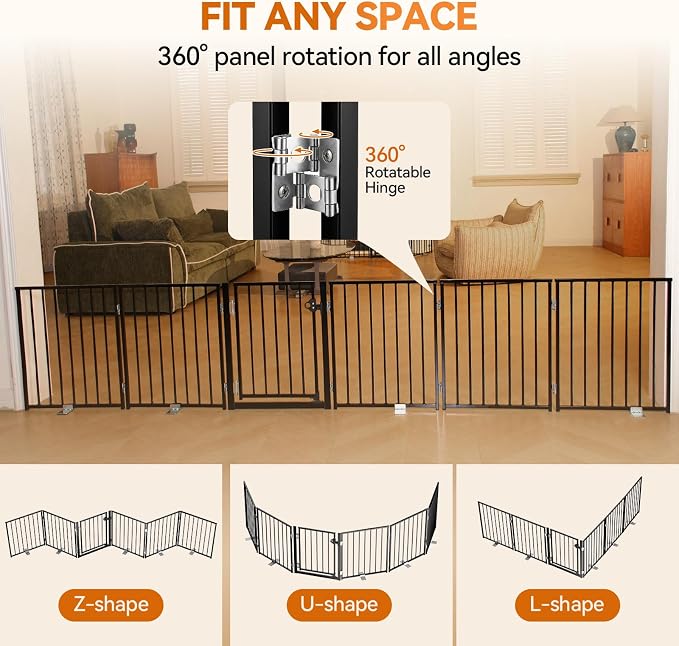 BFNN Chewproof Steel Dog Gate Indoor, 120" Extra Wide Freestanding Fence | Flexible Space Control | With Walk-Thru Door | 24" Tall Heavy Duty Barrier | Foldable | No Drill | For Small & Medium Puppy