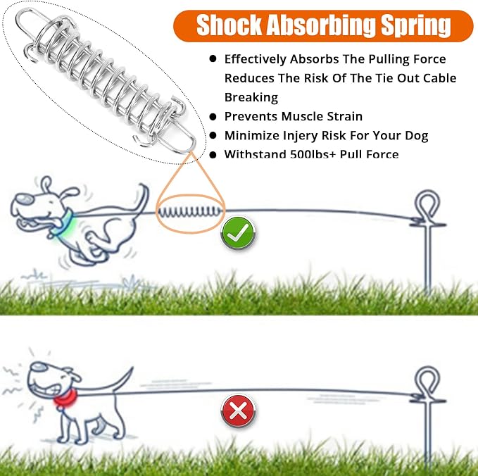 jenico Dog Tie Out Cable, 10/15/20/30/40/50/70/100/150FT Runner Cable with Swivel Hook and Shock Spring, Dog Leash Run Tether for Yard Outdoor and Camping,for Small to Medium Pets Up to 500 LBS