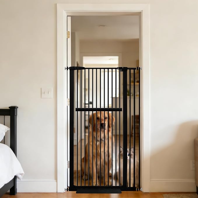Lumizone 55.12" Extra Tall Pet Gate for Cat Dog 30.12"-38.38" Wide Black | Extra Tall Cat Gate for Doorway Hallway Stairs Pressure Mounted 1.37" Gap No Drilling Auto-Close Dual-Lock
