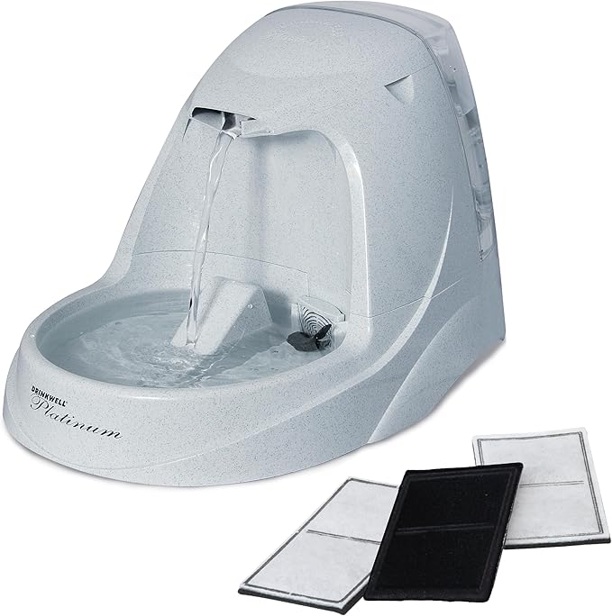 PetSafe Drinkwell Platinum Cat Fountain, Includes 3 Carbon Filters | 168 Oz Capacity, Falling Stream Encourages Drinking, Adjustable Flow, Top-Shelf Dishwasher Safe, 3 Filters Included