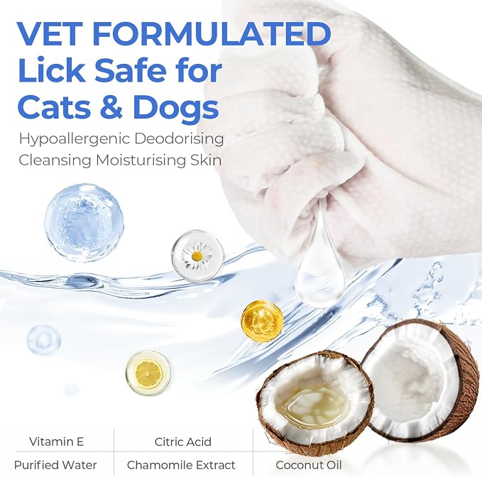 Pet Cleaning Glove Wipes for Dogs & Cats, Hypoallergenic Deodorizing Disposable No-Rinse Grooming Wipes, Wipes, Perfect for Pet Dry Cleaning, Daily Care and Travel, Coconut Scent, 8 pcs