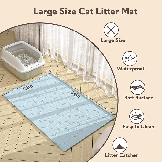 Garoopion Silicone Cat Litter Mat 34×22 inch, Easy to Clean, Blue | Waterproof Silicone Mat with Raised Edges, Catch Litter, Protect Floor from Urine, Multi-Use for Dog/Sink/Kitchen/Boots
