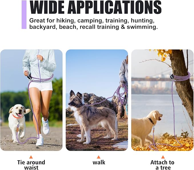 lynxking Long Dog Leash Reflective 15ft 30ft 50ft Check Cord Training Lead Padded Handle Heavy Duty Rope for Puppy Small Medium Large Dogs (Light Purple, 30ft x 3/8inch)