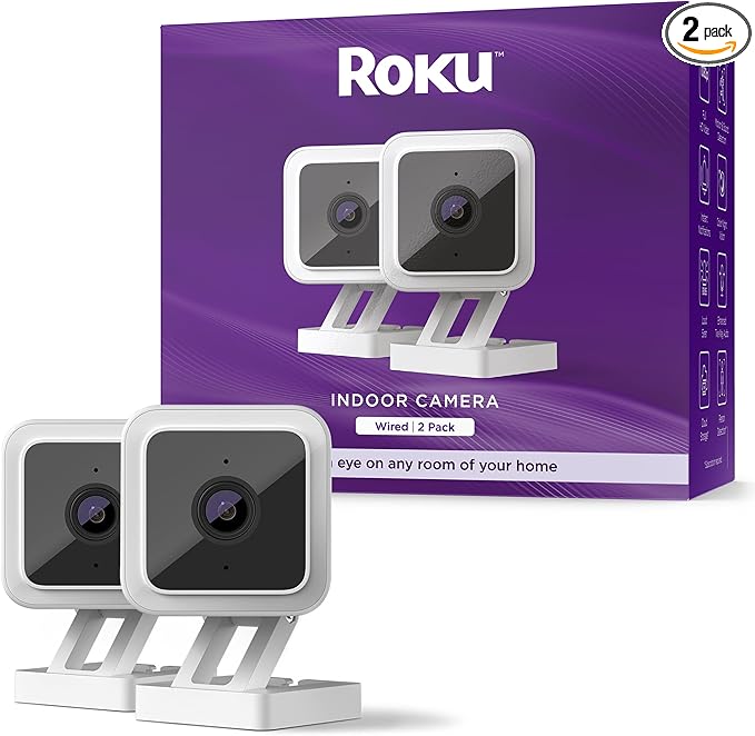 Roku Indoor Camera for Home Security, 2-Pack - Wired Security Camera with 1080p HD Color Night Vision, Compatible with Alexa & Google, Motion & Sound Detection, Built-in Siren (Renewed)