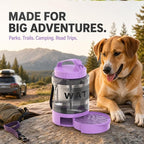 Portable Dog Water Bottle with Travel Bowl, 77 oz/2.2 L, Purple | 2-in-1 portable dog water bottle with pull-out bowl; BPA-free plastic, silicone seal, wide mouth and grip for hikes or travel