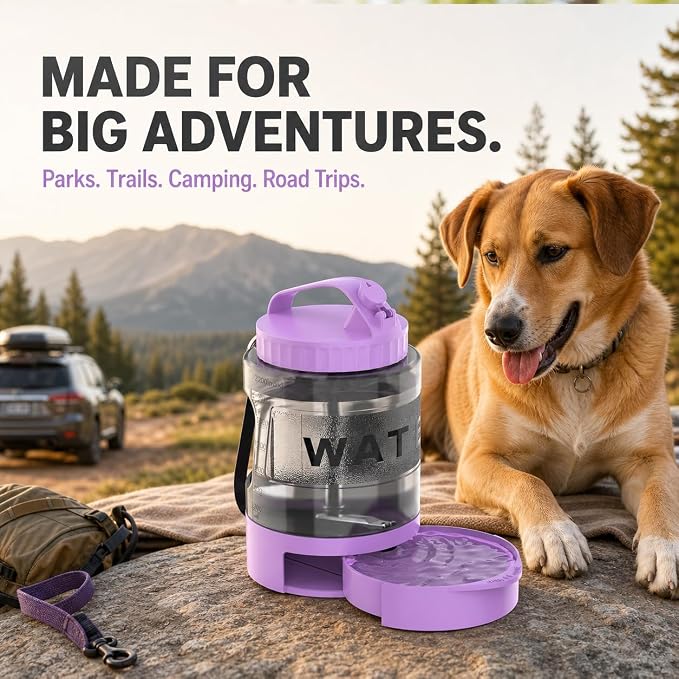 Portable Dog Water Bottle with Travel Bowl, 77 oz/2.2 L, Purple | 2-in-1 portable dog water bottle with pull-out bowl; BPA-free plastic, silicone seal, wide mouth and grip for hikes or travel