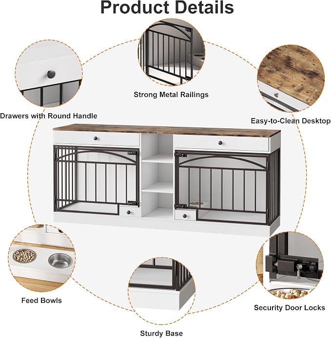 GarveeHome Dog Crate Furniture for 2 Dogs, Dog Kennel Indoor with Storage and Feeding Bowls, Double Dog Crate TV Stand for Small Medium Dogs, White