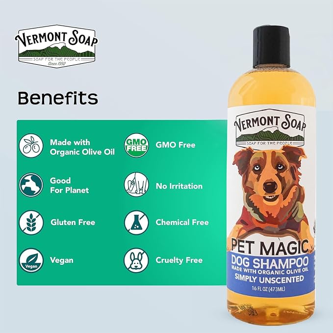 VERMONT SOAP Organic Pet Shampoo, Unscented Natural Dog Shampoo, 16 oz | Unscented organic olive oil, coconut & aloe vera, sensitive skin care, USDA certified , fragrance free, dog shampoo grooming