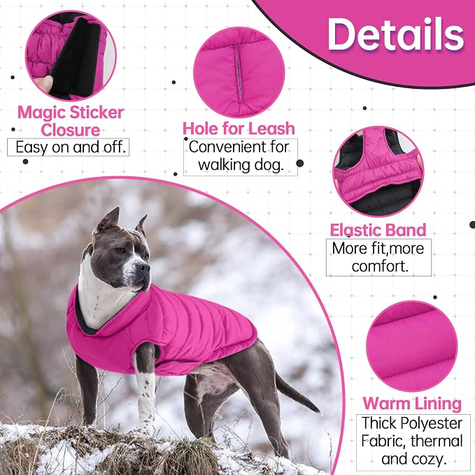 Lelepet Reversible Dog Coat Windproof Dog Puffer Jacket Lightweight Vest | Warm Puffer Vest for Winter Coats for Medium Dogs Adjustbale Hook & Loop Pet Apparel with Leash Hole, Pug, Rose Red, M